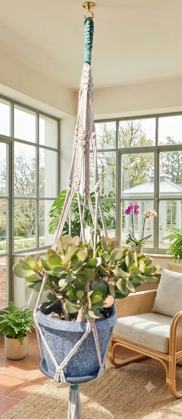 Porta macetas colgante de macramé crudo con planta suculenta