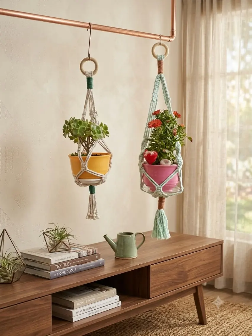 Porta macetas colgante de macramé con planta